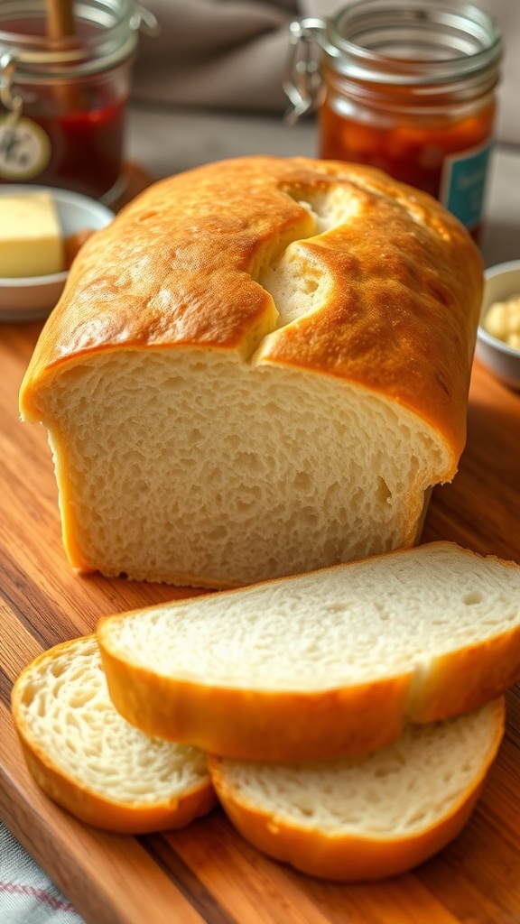 Homemade White Sandwich Bread in a Bread Machine Freshly baked white sandwich bread loaf on a cutting board, sliced to show fluffy interior, with jam and butter in the background.